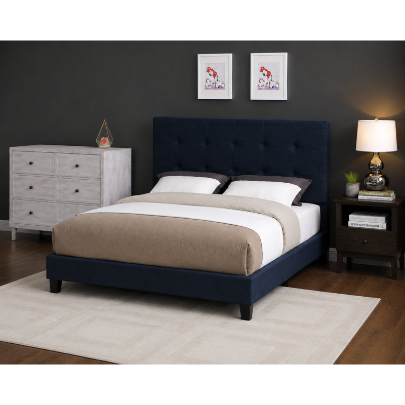 Lit rembourré ajustable avec tête de lit capitonnée, cadre de lit moderne en lin et similicuir, bleu, grand, Grand, Bleu