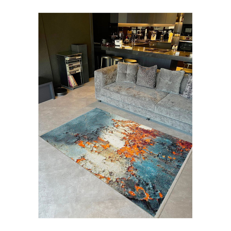 Tapis décoratif moderne abstrait bleu lavable à la machine, Sous-tapis rectangulaire 4 pi 7 po x 6 pi 7 po inc