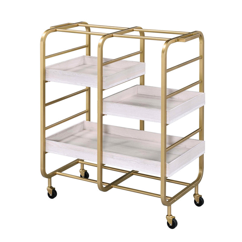Chariot de salle à manger doré et blanc avec 3 plateaux réglables - Métal robuste, idéal pour une utilisation domestique