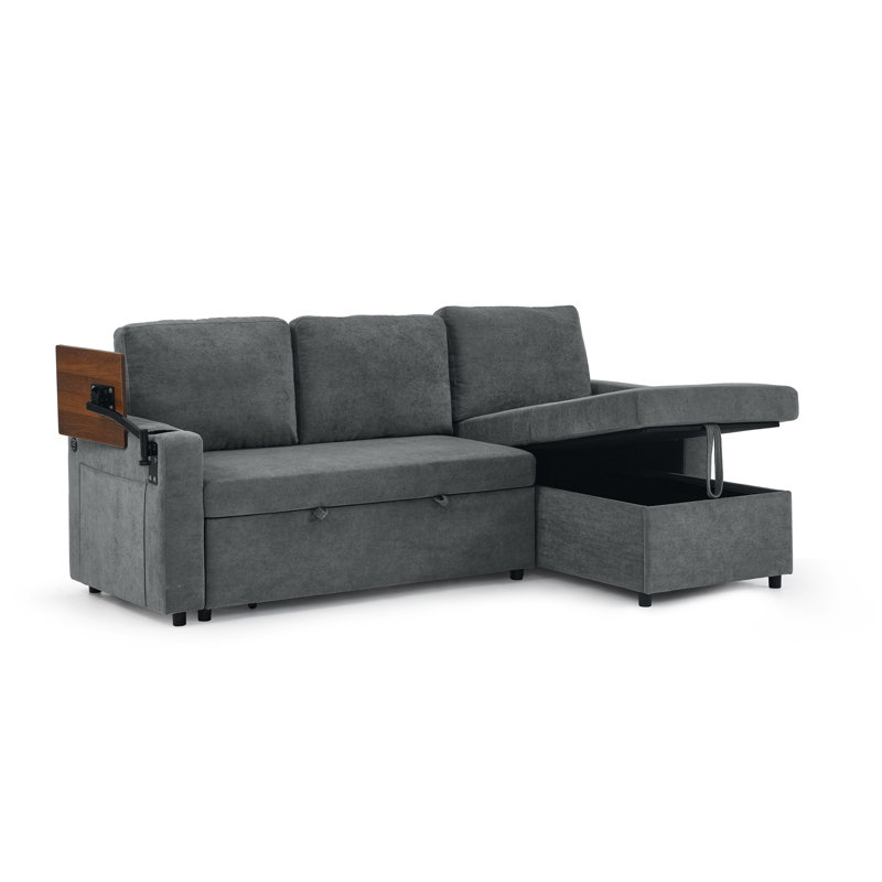 Canapé-lit moderne en chenille multifonctionnel avec table rétractable et éclairage DEL, ports de chargement USB et porte-gobelets, gris