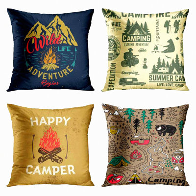Mountain Campfire Adventure Pillow Covers - Set of 4 Vintage Decorative Cases for Home Decor, Forest Camping Theme, Square 16x16 Inches