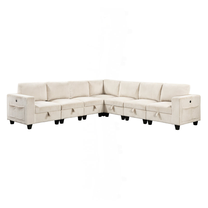 7-Piece Modular Sectional With Storage Seats, Beige Corduroy