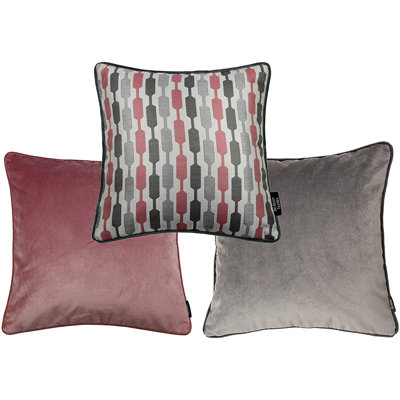 Blush Pink/Gray Geometric And Plain Velvet 43Cm X 43Cm Cushion Covers Set Of 3