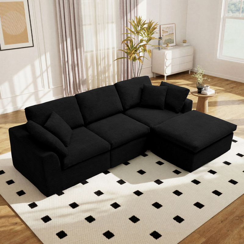Ensemble de salon modulaire à assise profonde en forme de L avec repose-pieds Compression Boneless, Noir