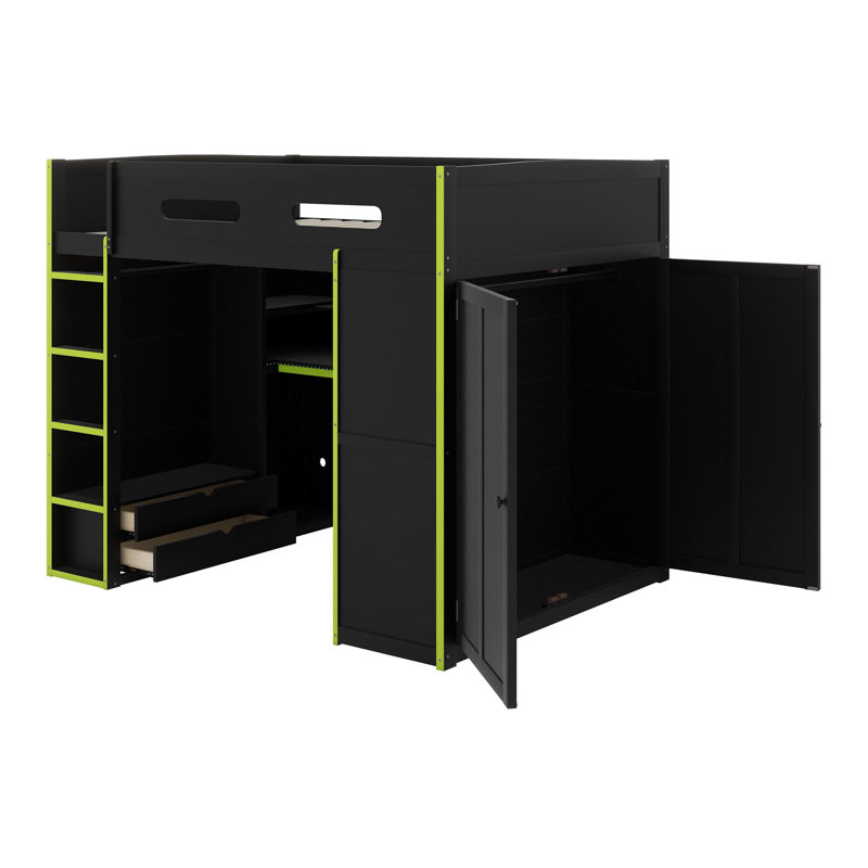Lit mezzanine avec grand espace de rangement et tiroirs Gaming, Vert