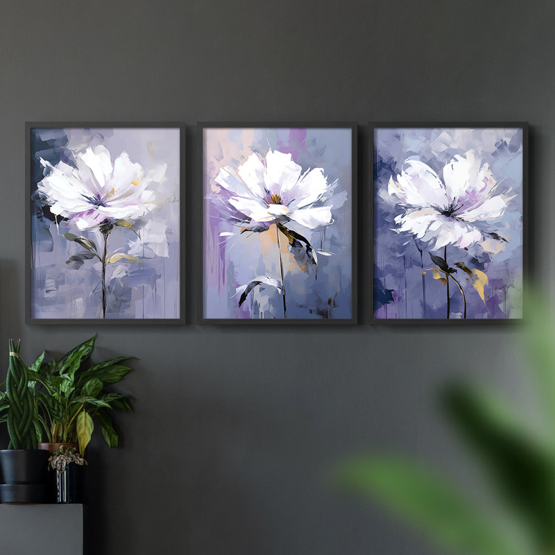 Étude florale, série CXL III, ensemble de 3 estampes numériques, prêt à, Cadre noir, H 28 po x l 22 po