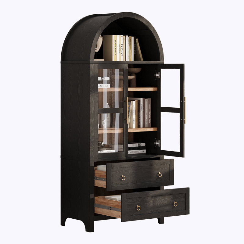 Armoire de salle de bain arquée avec 2 tiroirs, tablettes réglables, porte vitrée, Noir