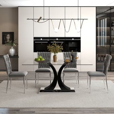 Ensemble de salle à manger moderne en verre, base en métal argenté et chaises en velours 4/6 pour la cuisine et la salle à manger
