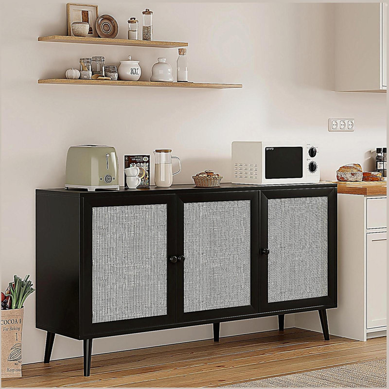 Sideboard Buffet Cabinet with 3 Rattan Doors,Modern Kitchen Storage Console Cabinet for Entryway Living Room (Large,Black)