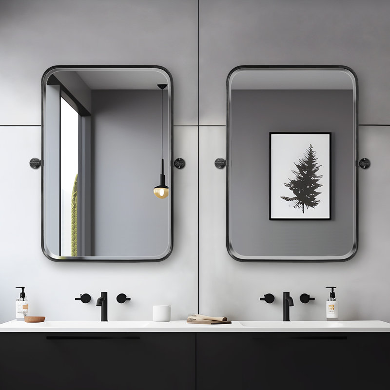 Orton Metal Wall Mirror with Adjustable Tilted Frame, Black, 32" x 23"