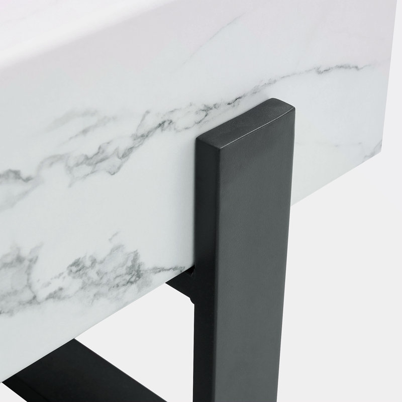 Table basse 47,2 po x 23,6 po en aggloméré à texture de marbre blanc. Autocollant à texture blanche, revêtement en métal noir par pulvérisation sur les pieds, table basse en aggloméré. Présentant un style moderne et simple.