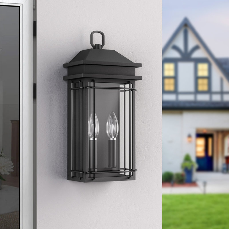 2 - Light 16''H Black Iron Tempered Glass Outdoor Wall Light with Dusk to Dawn, 15.98" H x 7.09" W x 4.53" D
