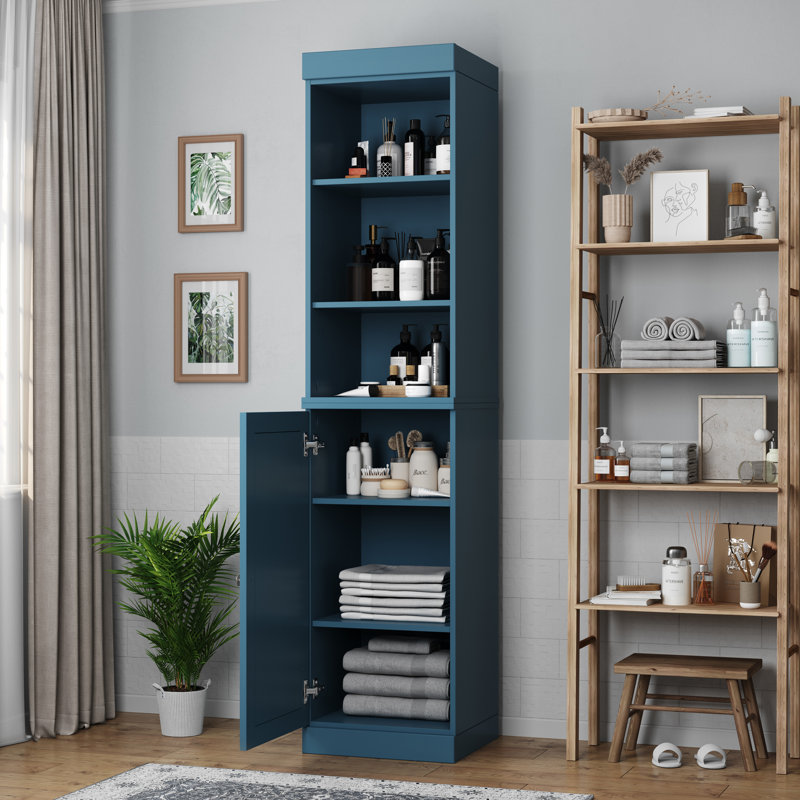 100% Solid Wood 16.5" Bathroom Storage Cabinet with Solid Doors and Adjustable Shelves, Teal Blue