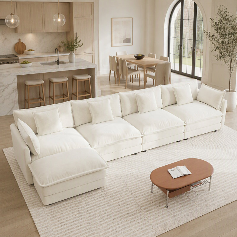 Canapé d'angle modulaire pour salon, canapé-lit 4 places en forme de U avec pouf, chenille blanche