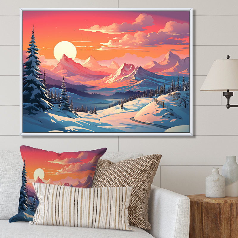 Coucher de soleil sur les montagnes d'hiver, Cadre flottant brun, H 30 po x l 40 po x P 1,5 po