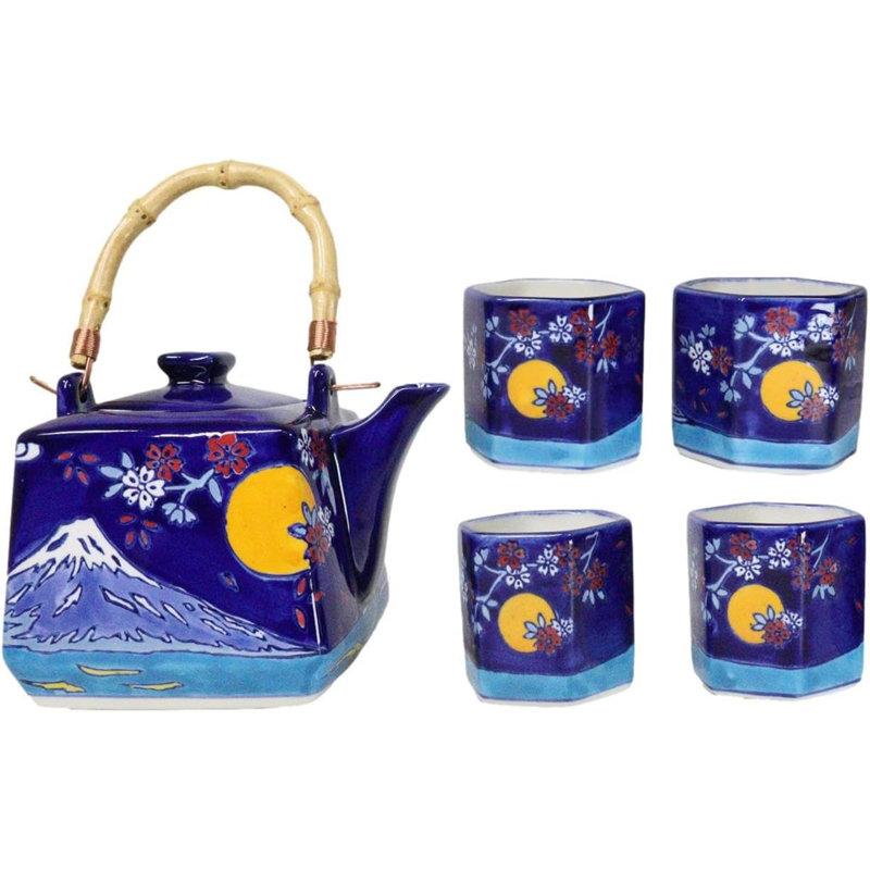 Blue Mount Fuji With Full Moon Ceramic Hexagonal Teapot With 4 Tea Cups Set