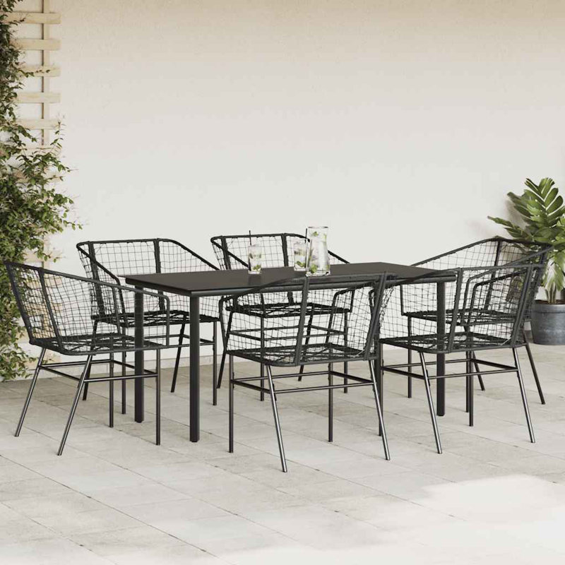  7 Piece Patio Dining Set Black Poly Rattan Glass, Black