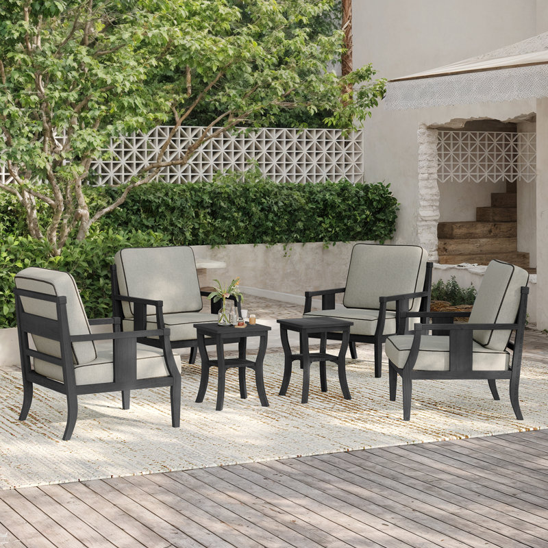 Teak Outdoor Four-person Conversation Set With Cushion And Two Side Tables, Light Camel, Black