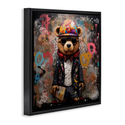 Urban Graffiti Bear Brown Framed Floater Canvas Wall Art by Lazar Studio