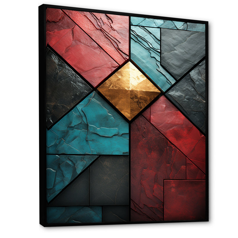 Carreaux à chevrons bleus et rouges Elegance III - art mural abstrait, Cadre flottant noir, H 32 po x l 24 po x P 1 po