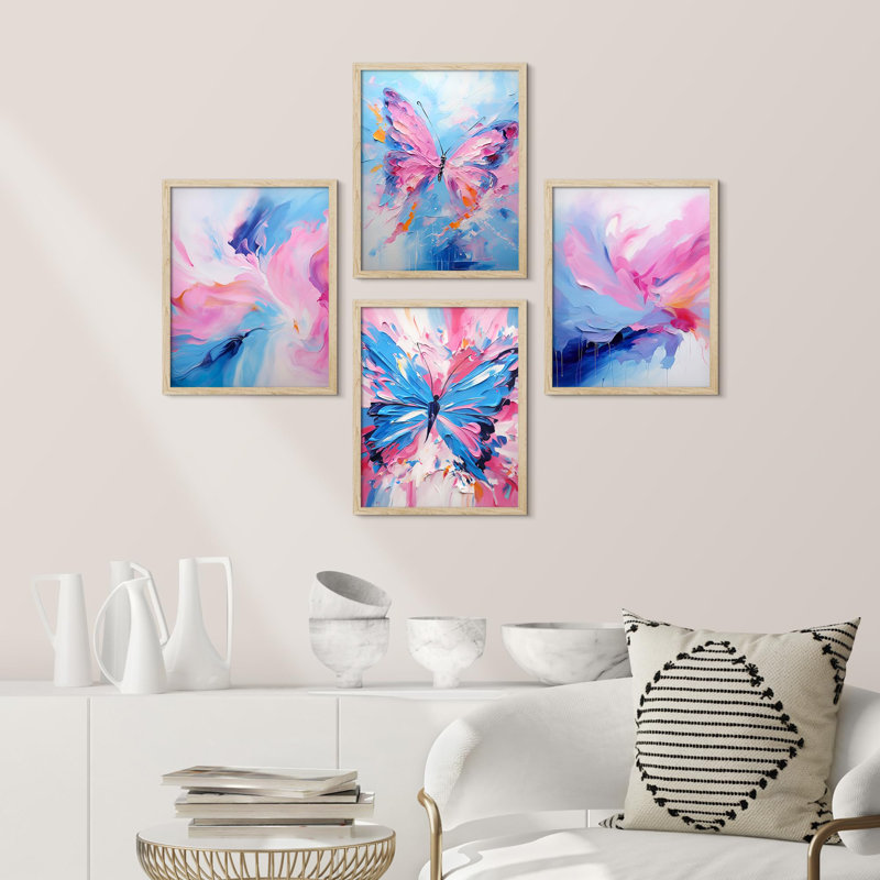 «Abstract Floral and Butterfly Vibrant» encadré sur papier, impression de 4 pièces, Naturel, H 10 po x l 8 po