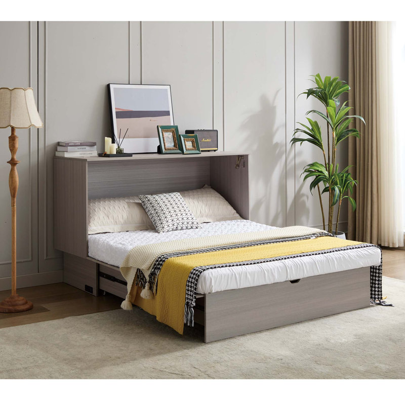 Lit escamotable avec rangement, lit queen, matelas en mousse pliable et tiroirs surdimensionnés, lit escamotable, prises et ports USB, lit escamotable pliable gain de place