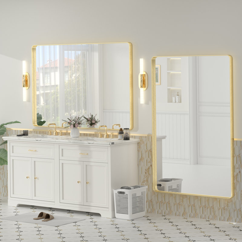 Molly Tempered Glass and Metal Framed French Cleat Mounted Wall Bathroom / Vanity Mirror, 60" x 40", Gold