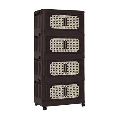 Retro Brown, 20" Side Wide Folding Storage Cabinet ,4 Tiers,19.69"×11.81"×40.55",Collapsible Storage Bins with Magnetic Door, Plastic Storage Cabinet with Wheels