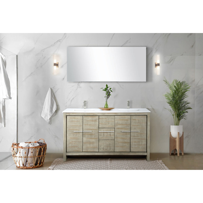 Meuble-lavabo double rustique l 60 po x P 20 po, comptoir en quartz blanc, robinet en nickel brossé, miroir de 55 po - pratique à long terme avec robinet et grattoir et teinture