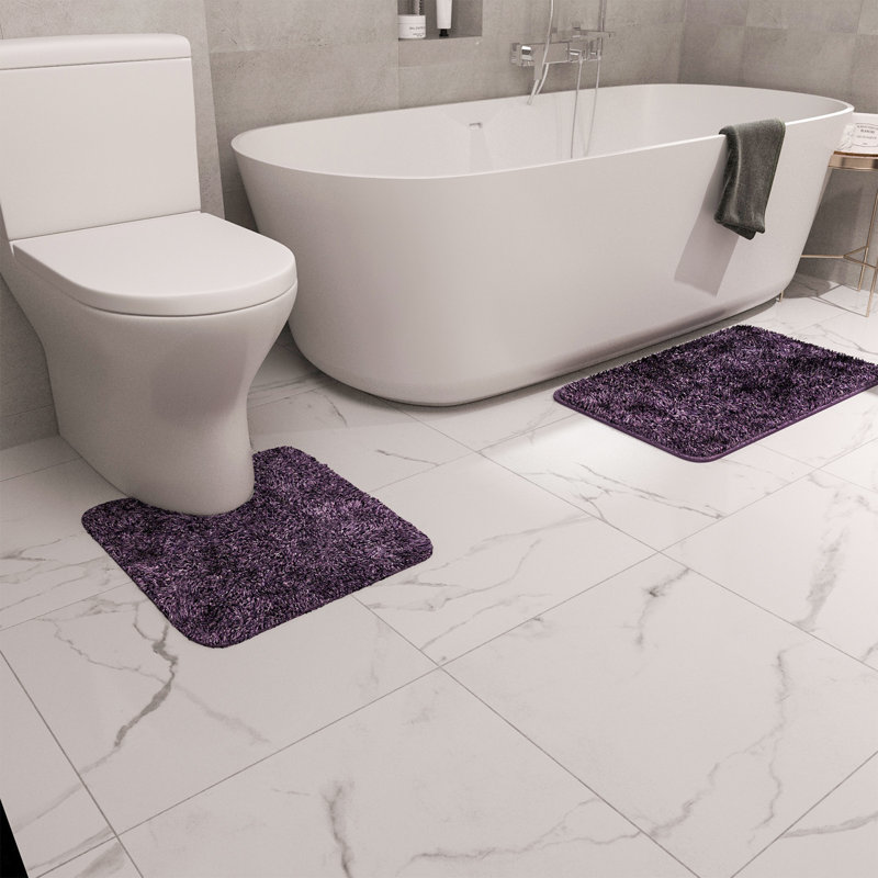 Purple 3 Piece Shaggy Purple Bath Mat Set, Quick Water Absorption Bathroom Rug Sets For Tub Shower, Vanity & Toilet Base