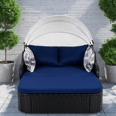 Outdoor Sunbed With Adjustable Canopy, Pillows, Pe Rattan And Curved Armrests