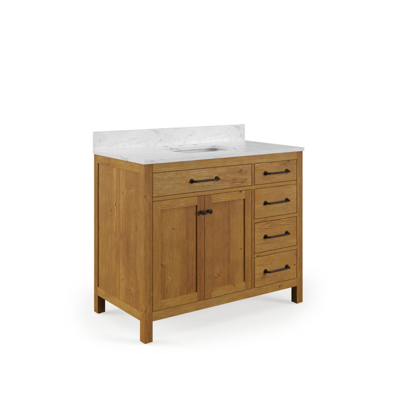 Meuble-lavabo autoportant à simple cuve en chêne Sierra de 42 po avec plateau blanc en marbre d'ingénierie Marshall (assemblé) Marshall