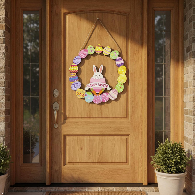 Couronne de Pâques pour porte, décorations de Pâques pour la maison, œufs de lapin, signe de printemps suspendu en bois pour mur de fenêtre de porche