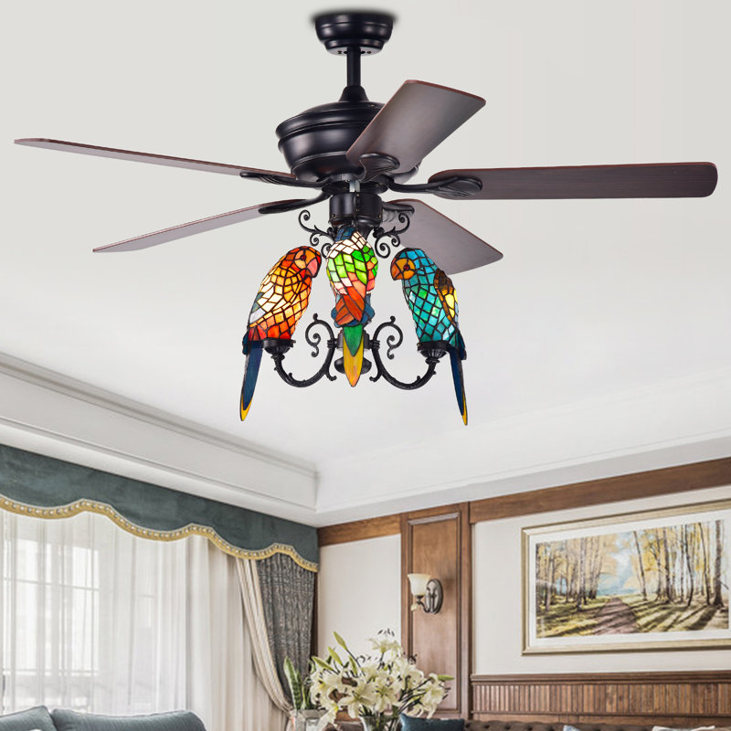 Ventilateur de plafond lumineux avec abat-jour perroquet de style Tiffany
