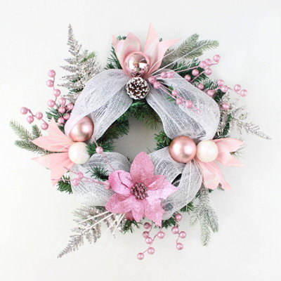 Christmas Wreath For Front Door, Outdoor Winter Wreath With Christmas Ball Ornaments, Bow Ribbon, Mesh Winter Wreath Door Wall Hanging Christmas Ornam
