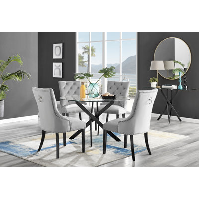 Modern Design Metal Round Glass Contemporary Dining Table & 4 Luxury Velvet Dining Chairs