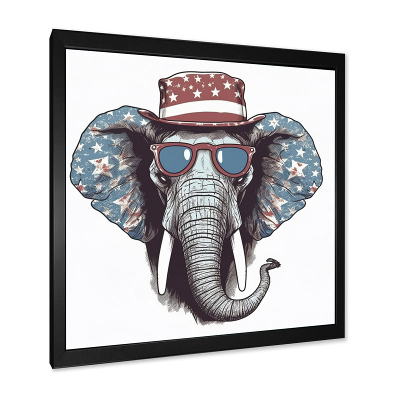 Éléphant gris avec chapeau - imprimé, Cadre photo noir, H 16 po x l 16 po x P 1 po