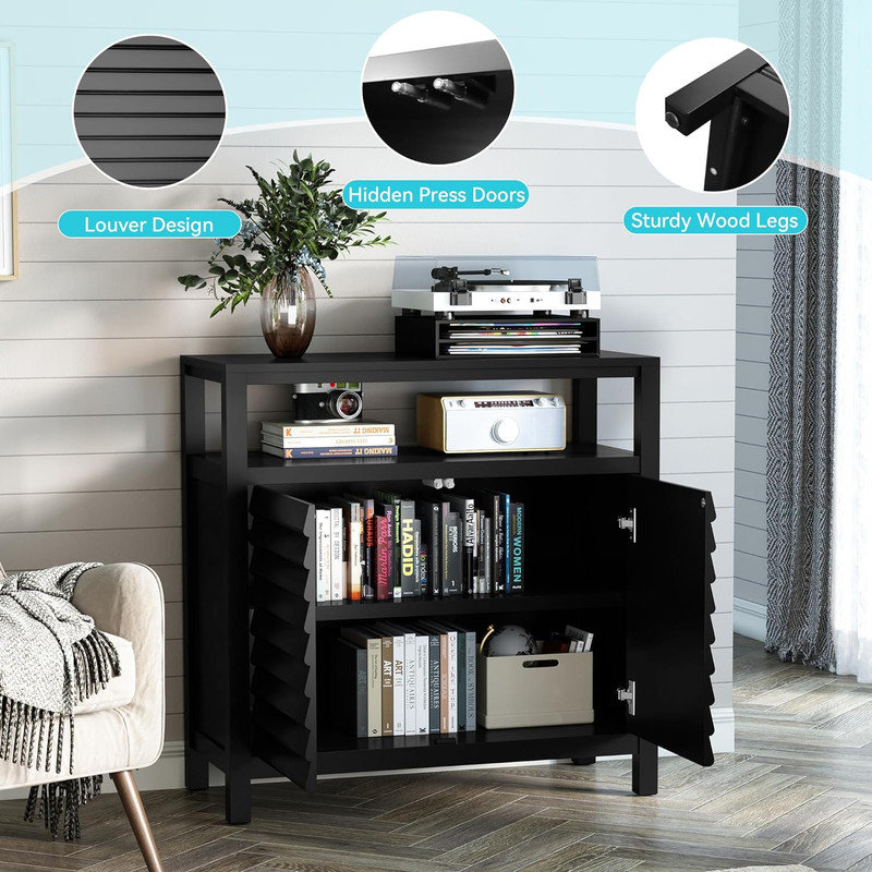 Black Louvered Door Accent Cabinet with Open Shelf