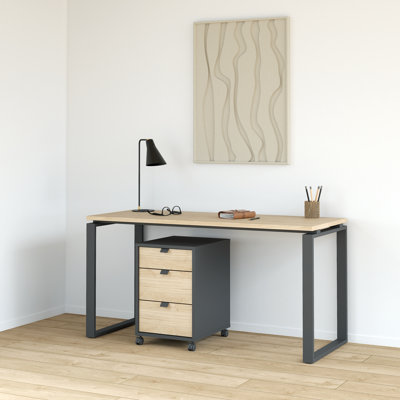 Sign 2-Piece Office Set -3 Drawer Mobile Cabinet And 59" Writing Desk With Steel Legs, Matte Grey/Jackson Hickory