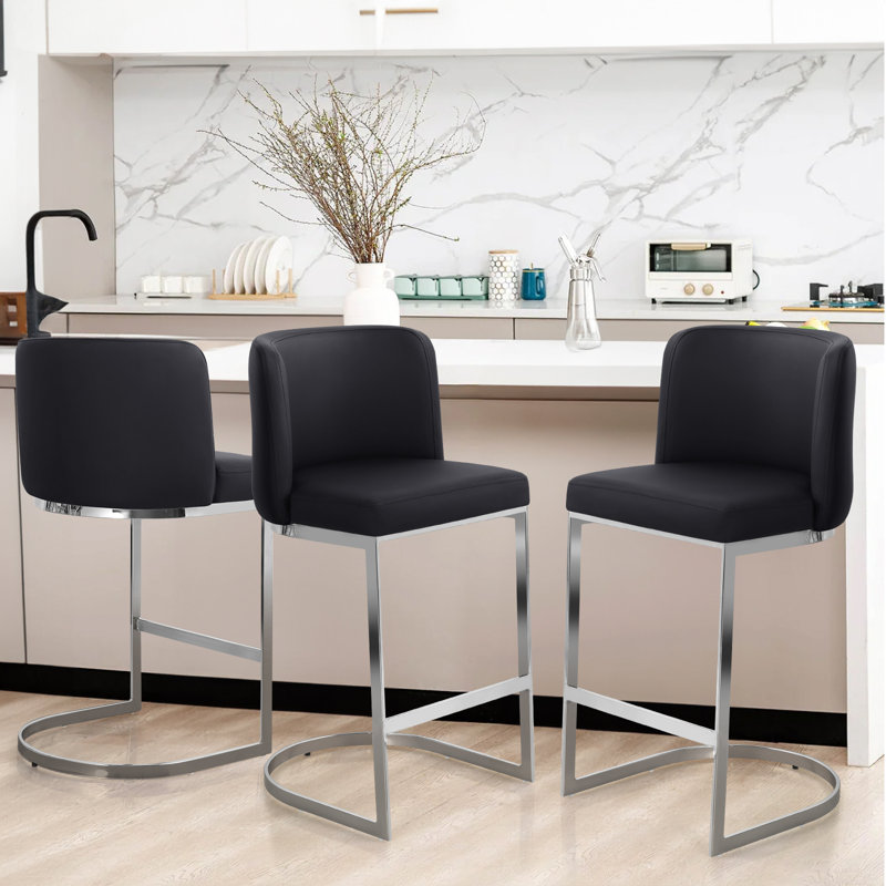 Bittencourt 26'' Upholstered Counter Stool, Faux Leather-Black, 1