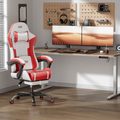 Adjustable Gaming Chair with Massage Lumbar Support, Swiveling PC & Racing Game Chair with Footrest & Headrest, Ergonomic PU Leather Computer Chair for Adults & Teens,White and Red