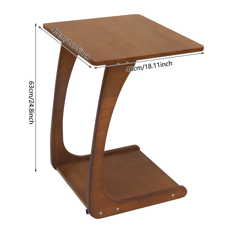 Solid Rubberwood C-Shaped End Table with Lockable Wheels, 2-Tier Rolling Laptop Table for Home