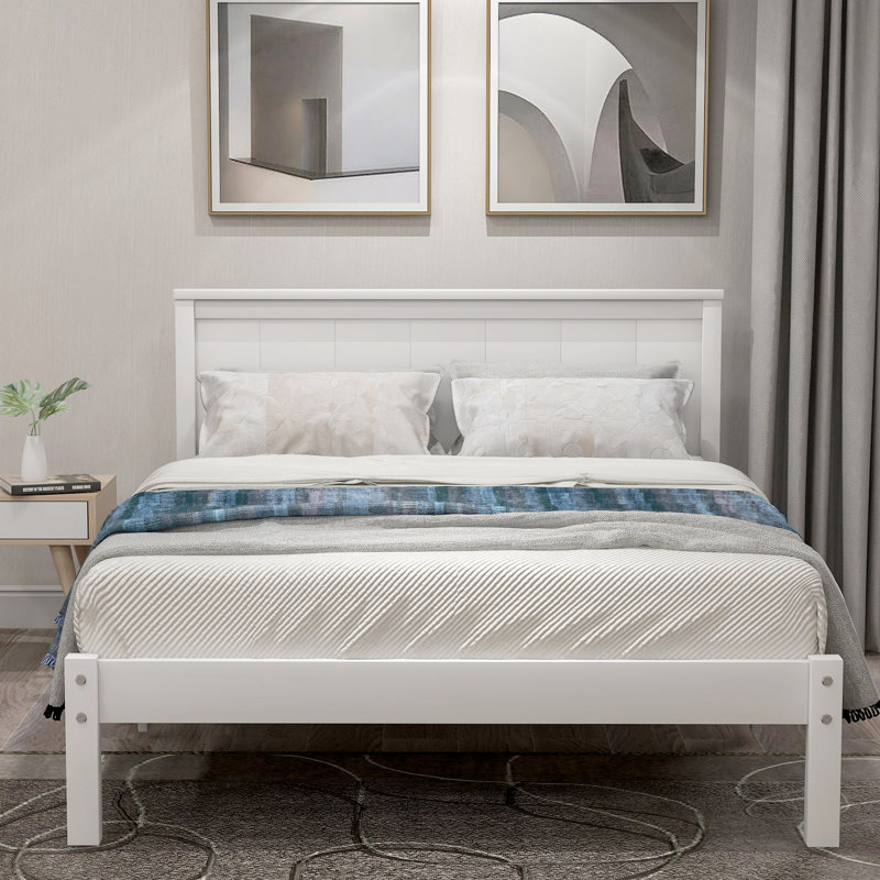 Lit plateforme simple avec tête de lit, support de lattes en bois stable, sans sommier, structure accompagnée de tête de lit à abat-jour blanc, lattes,
