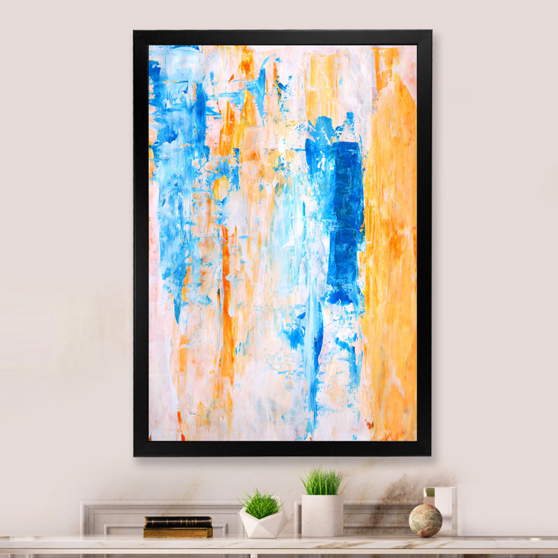 Champs de couleurs dans des tons de bleu sarcelle et d'orange II - peinture sur toile, Cadre noir, H 20 po x l 12 po x P 1 po