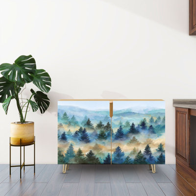 Sideboard Buffet Cabinet with Storage Dreamlike Misty Mountain Pine Forest Ink Wash Poster with 2 Doors for Living Room and Kitchen