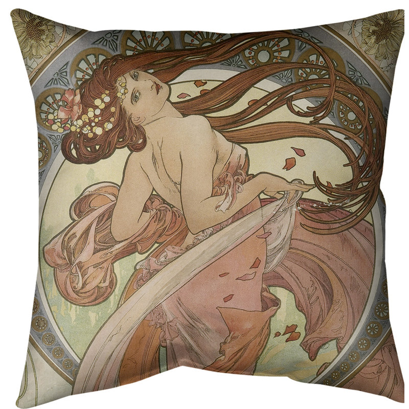 Housse de coussin Alphonse Mucha the Dance, 14 po x 14 po, Rose / Brun, Polyester sergé