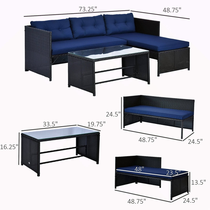 Loveseat Sofa Chaise Lounge Coffee Table Patio Furniture Set, Rattan Outdoor Sofa Set, Blue