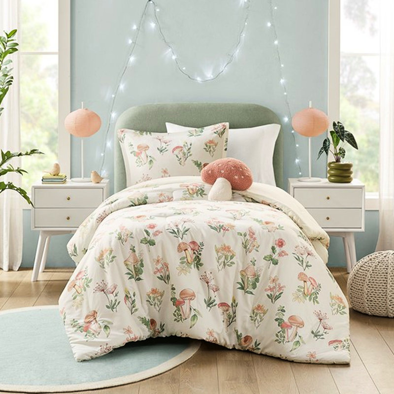 Édredon champignon et fleur double / grand, microfibre, imprimé floral de literie, tissu lavable