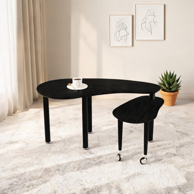 Table basse rotative noire foncé avec placage grain de bois et pieds en bois d'hévéa massif pour le salon