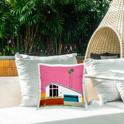 Coussin d'extérieur imprimé rose Sunkissed Suburbia, par Jan Weiss, 18 x 7 x 18